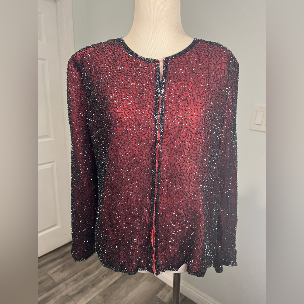 Vintage Laurence Kazar 80s 90s Sequin Silk Beaded Gatsby Evening Blazer Jacket - Picture 7 of 11